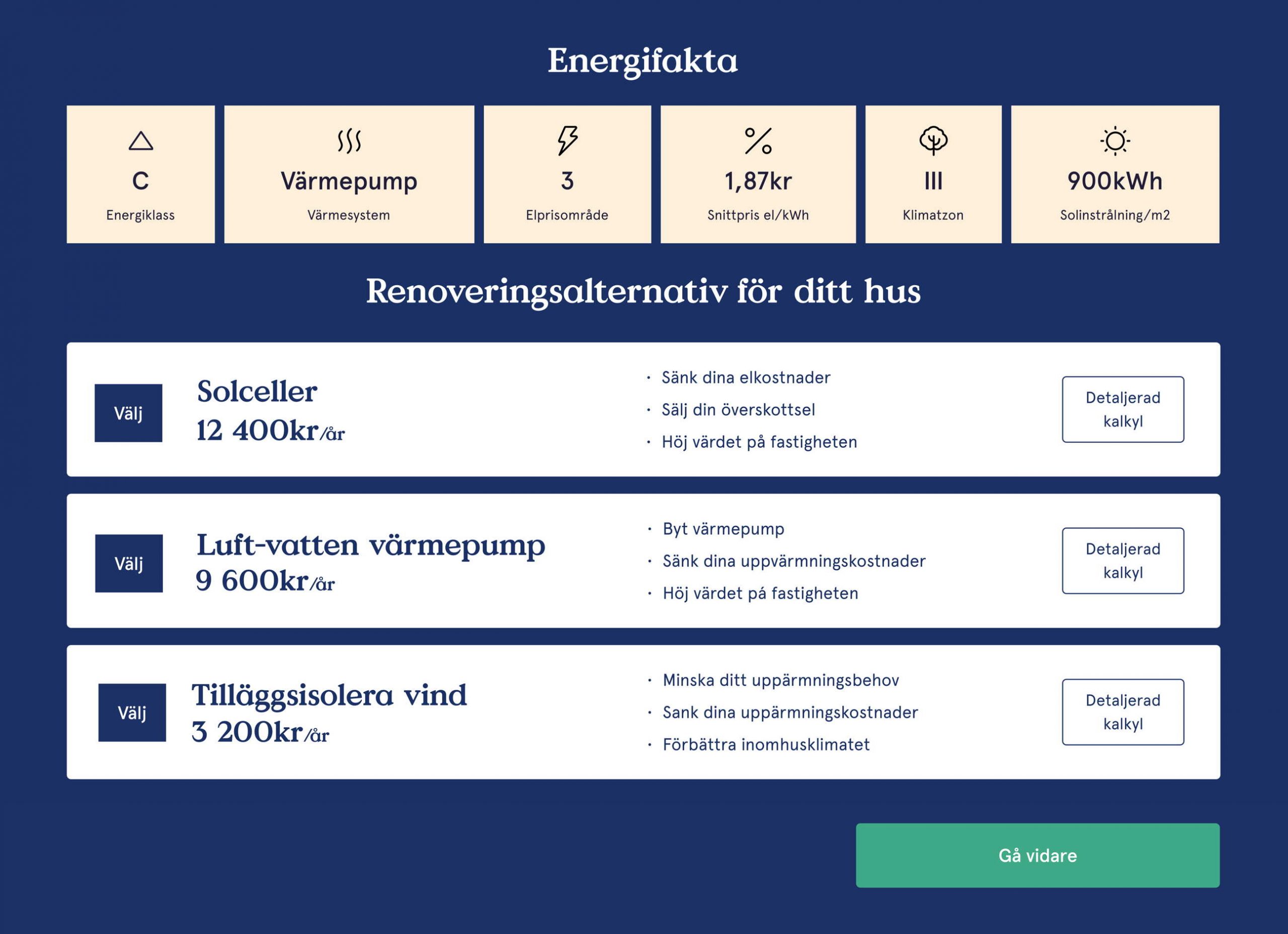 Screenshot of the output of Klimafastigheter's online tool